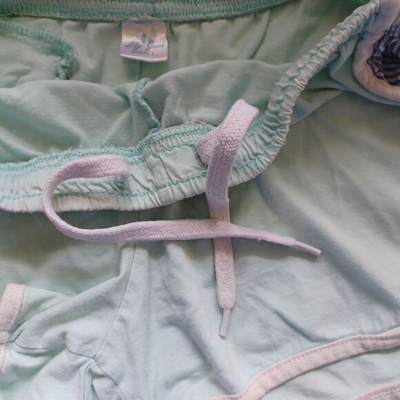 Lily Grace Women’s‎ Small Athletic Shorts Light Aqua Blue Striped Sides Bee Logo - Picture 4 of 6